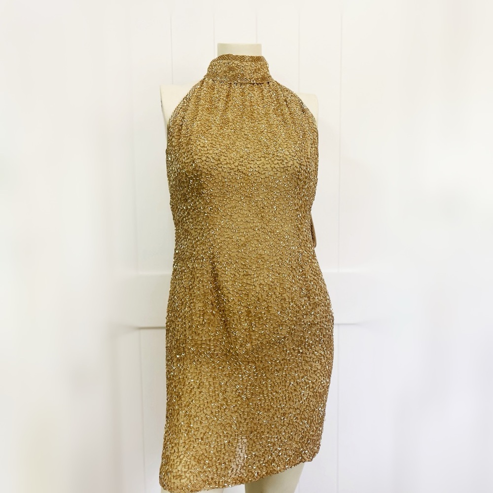 Oleg Cassini Black Tie Gold Sequin Halter Dress